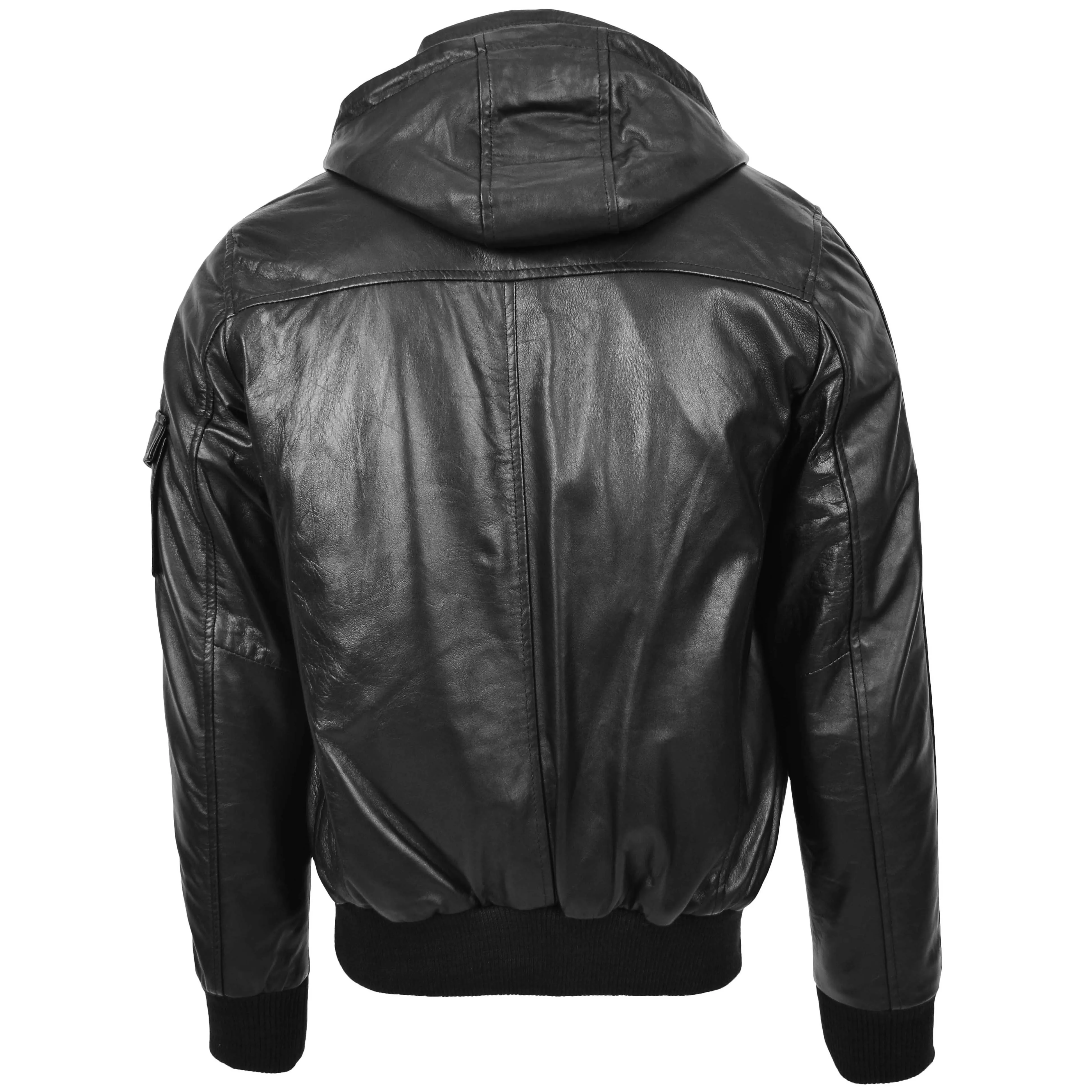 Mens Leather Bomber Jacket with Hoodie Bronx Black