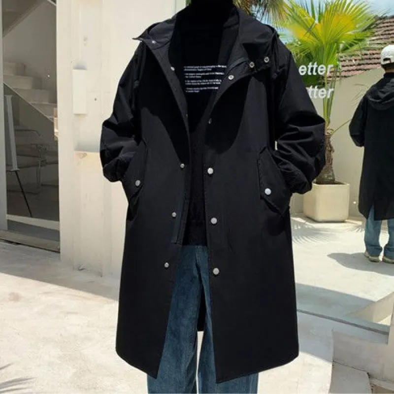 Men's Long Knee-length Trench Coat Autumn Korean Style Loose Parka