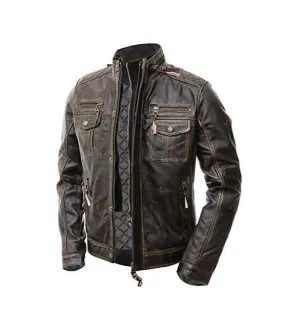 Men’s Motorcycle Biker Slim Fit Vintage Distressed Brown Cafe Racer Real Leather Jacket