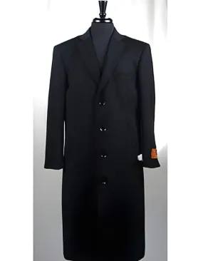 Mens Overcoat - Topcoat For Men - Winter Fabric - 4 Button Wool Blend Black Bravo Top Overcoat