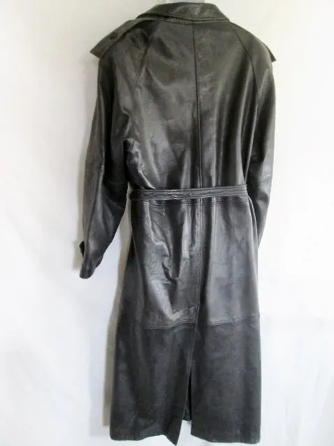 Mens PHILIPPE MONET LEATHER Maxi TRENCH COAT Jacket Parka 46 BLACK Duster Belt