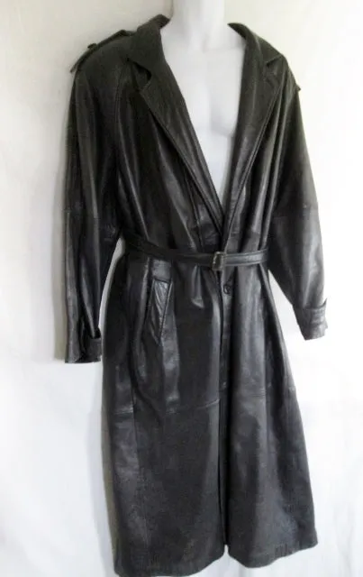 Mens PHILIPPE MONET LEATHER Maxi TRENCH COAT Jacket Parka 46 BLACK Duster Belt