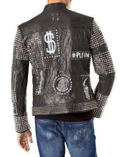 Mens Punk Biker Full Black Studded Embroidery Patches Leather Jacket