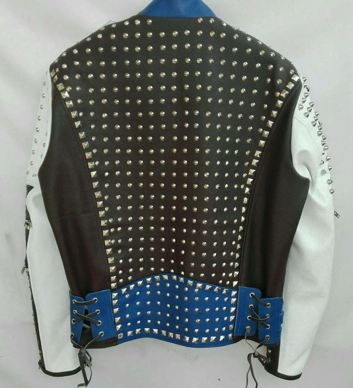 Mens Punk Blue White Silver Studded Cowhide Leather Jacket