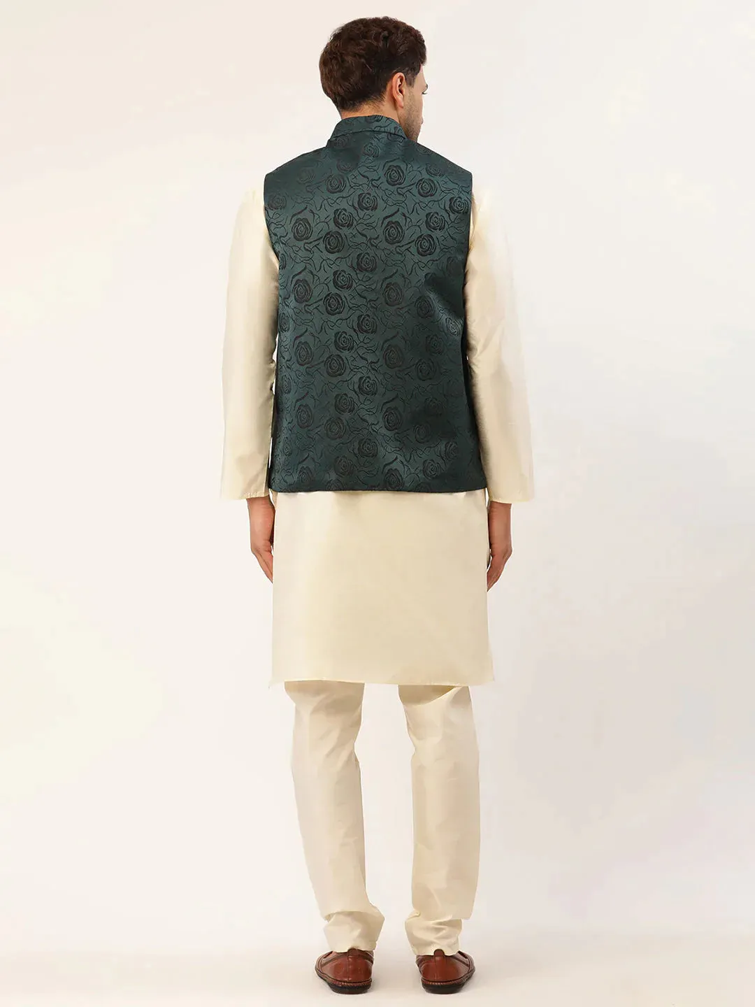 Men'S Solid Kurta Pyjama With Teal Floral Embroidered Nehru Jacket