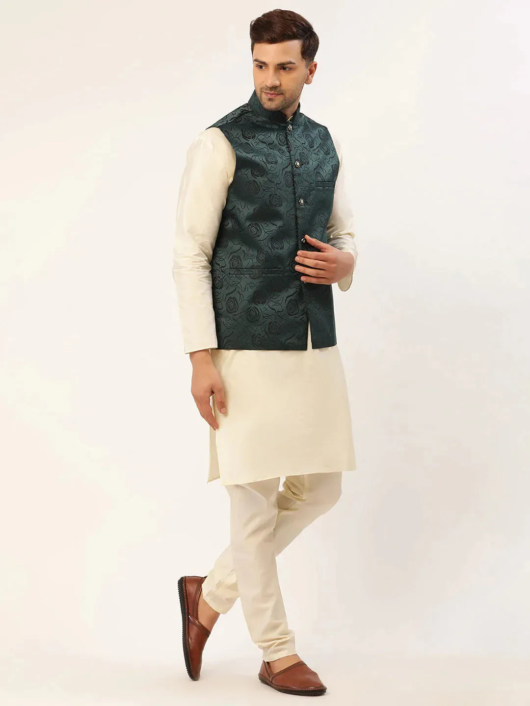 Men'S Solid Kurta Pyjama With Teal Floral Embroidered Nehru Jacket