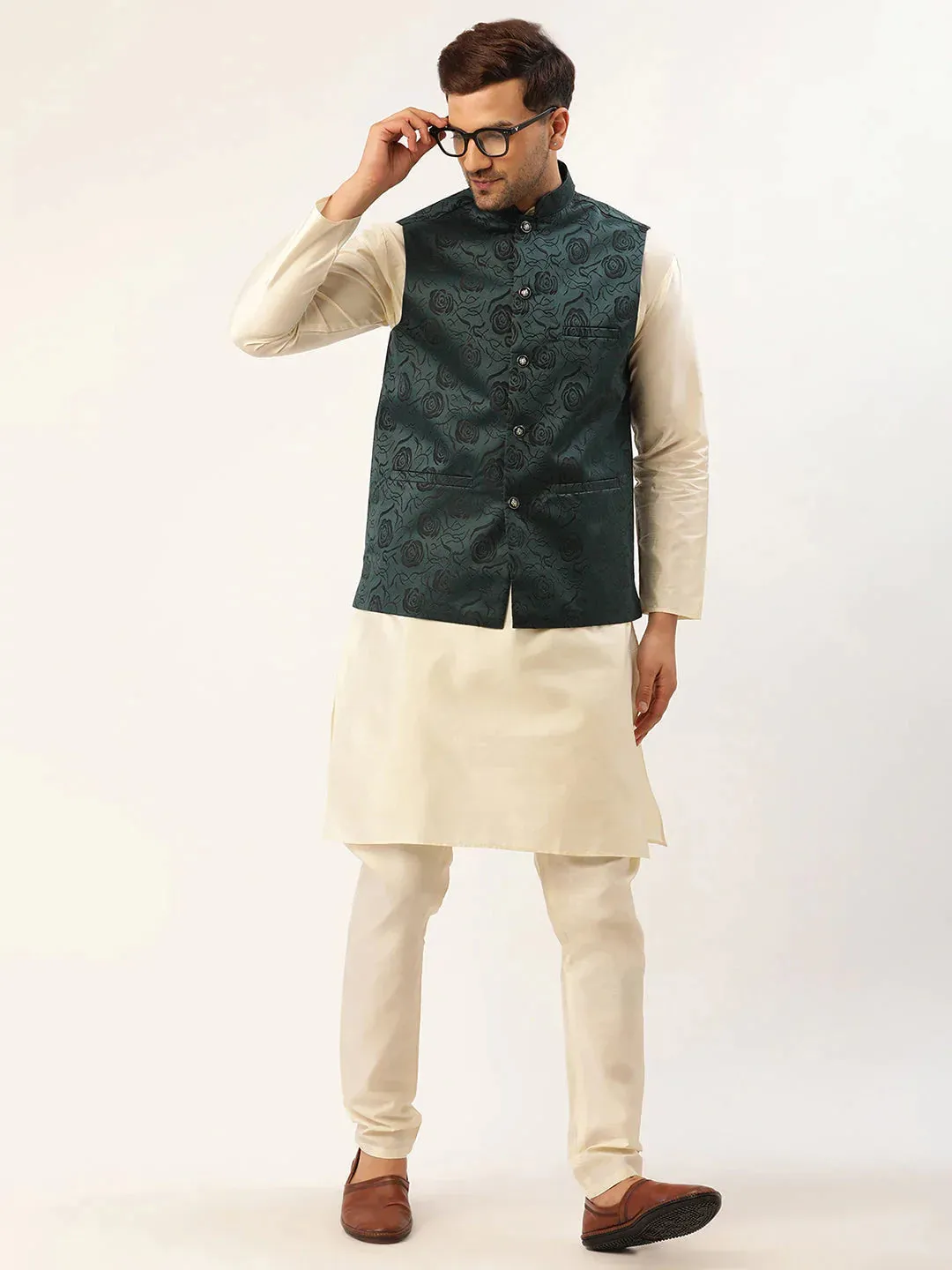 Men'S Solid Kurta Pyjama With Teal Floral Embroidered Nehru Jacket