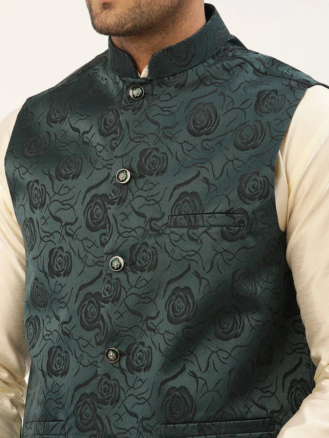 Men'S Solid Kurta Pyjama With Teal Floral Embroidered Nehru Jacket