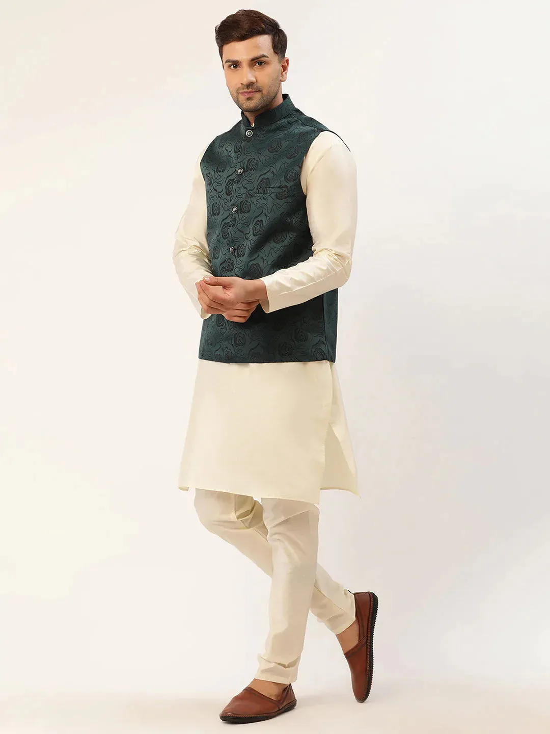 Men'S Solid Kurta Pyjama With Teal Floral Embroidered Nehru Jacket