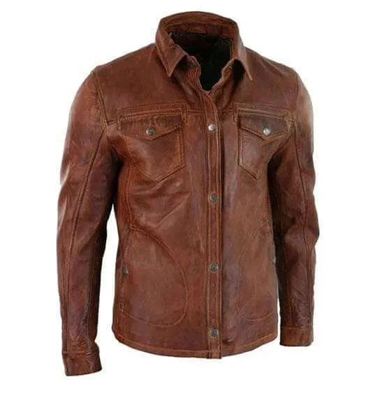 Mens Vintage Distressed Brown Leather Shirt Jacket, Genuine Biker Jacket