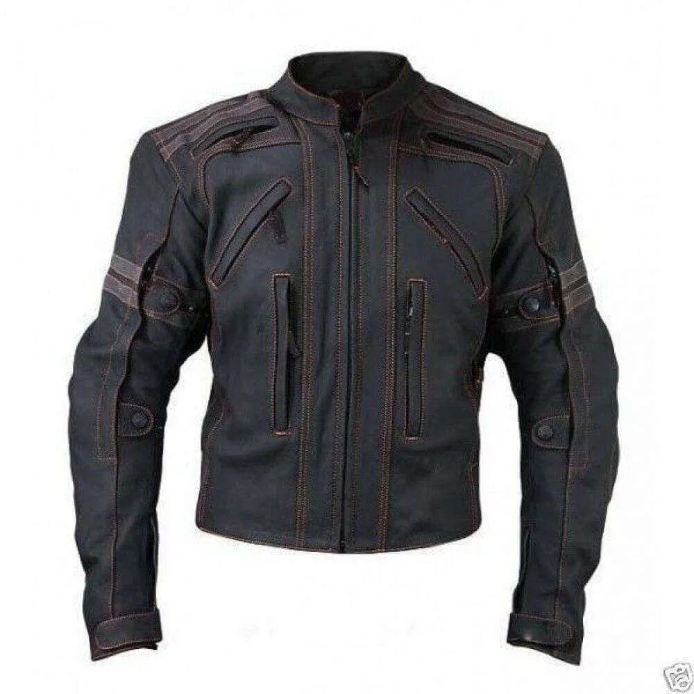 Mens Vulcan Street VTZ Full Black Motorbike Orange Stitching Leather Jacket