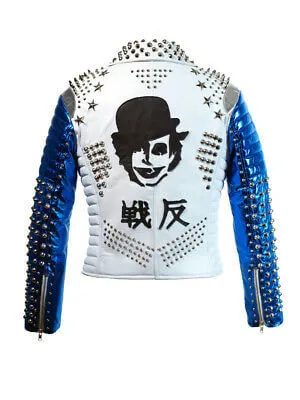 Men's White Blue Studded Leather Stylish Fashion Jacket