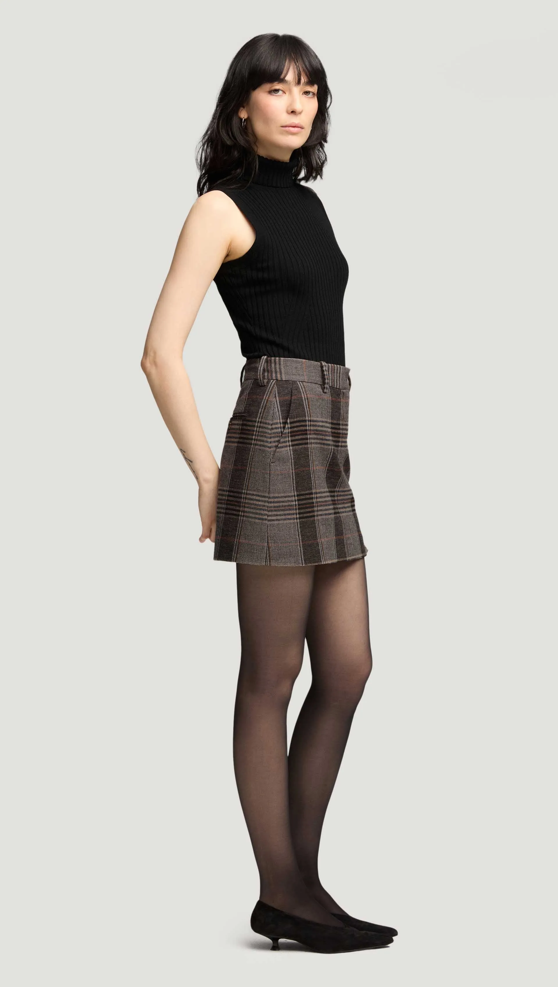 Mini Tailored Skirt in Viscose Blend | Coffee/Beige Plaid