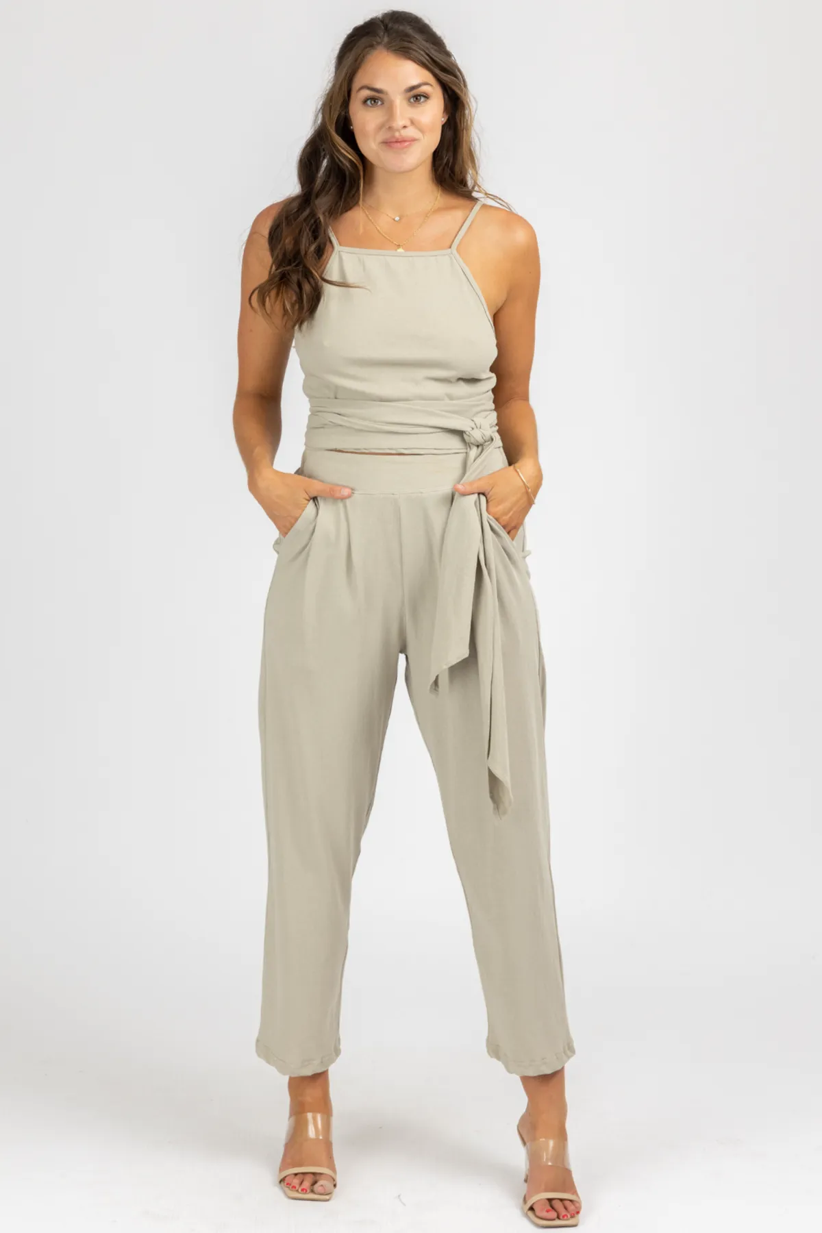 MUSHROOM WRAP TOP   PLEATED PANT SET