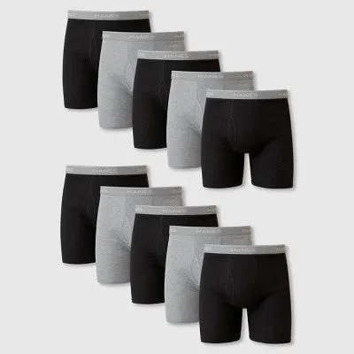 New - Hanes Men's Super Value Moisture-Wicking Cotton Boxer Briefs 10pk - Black/Gray S