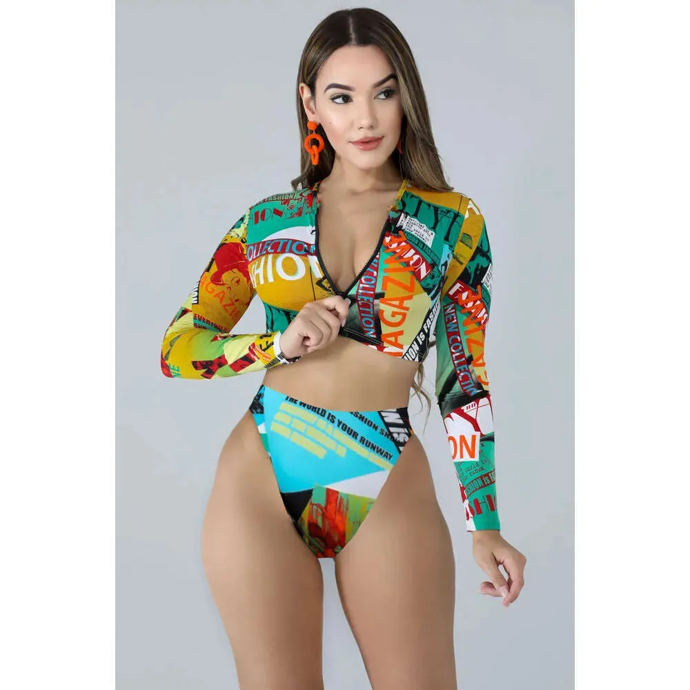 New Long Sleeved Zipper Bikini High Waist Women's Split Conservative Sunscreen Beach Swimsuit