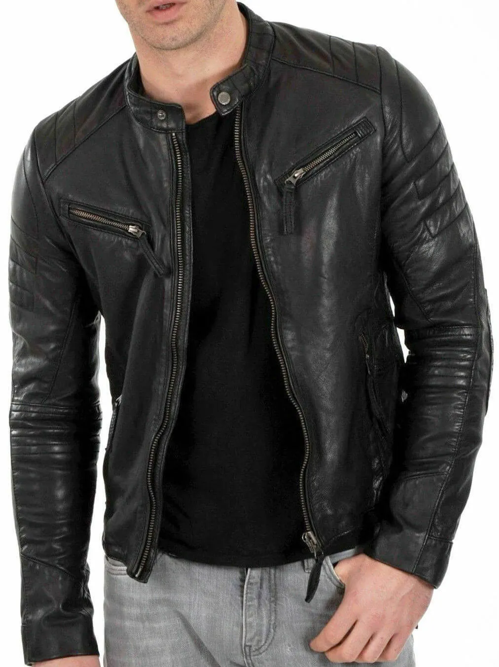 New Men's Genuine Distressed Lambskin Leather Jacket Black Slim fit Biker jacket