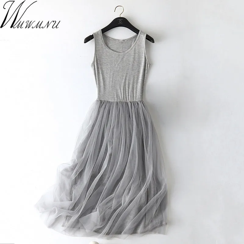 New Sexy many solid color Patchwork Mesh Dress Summer Women Gauze Lace Tank Dress Basic Sundress Party dresses Vestidos