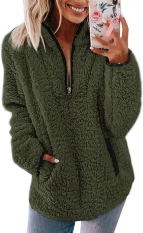 Nilimoph Womens Fleece Jumper Fluffy Pullover Teddy Sweatshirts 1/4 Zip Up Long Sleeve Stand Collar Cozy Coat Tops with Pockets