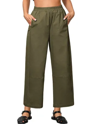 Olive Women Pant Full Length Elastic Waist Lounge barral side pocket