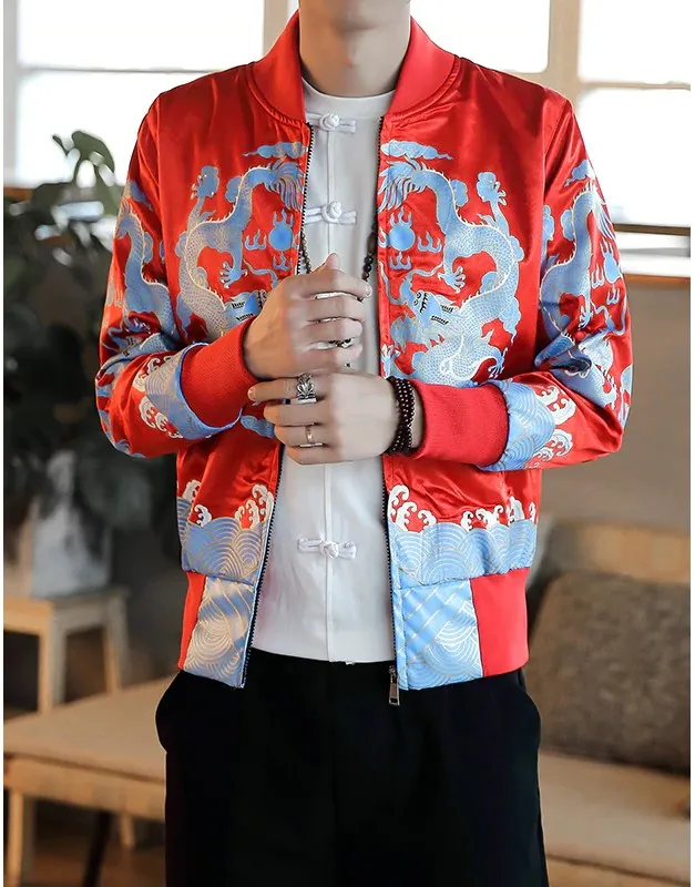 Oriental Style Dragon Print Men Bomber Jackets