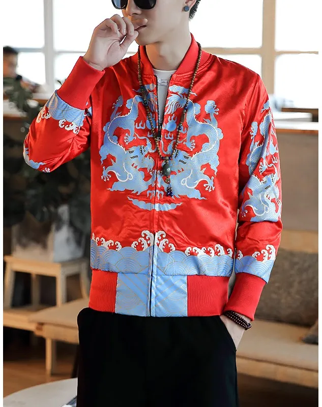 Oriental Style Dragon Print Men Bomber Jackets