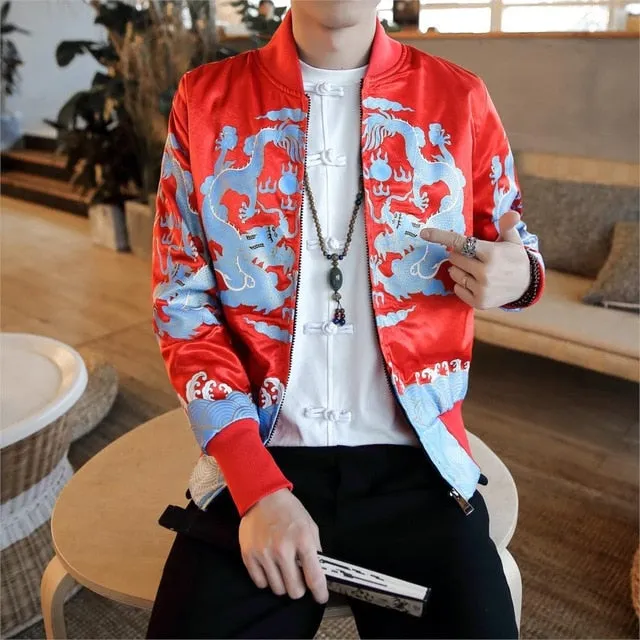 Oriental Style Dragon Print Men Bomber Jackets