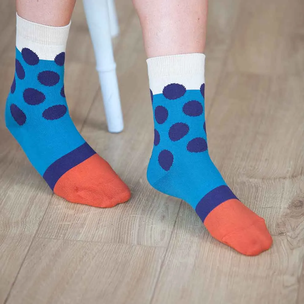 PEPER HAROW Eleanor Dot Women's Luxury Cotton Socks - Teal Blue and Orange