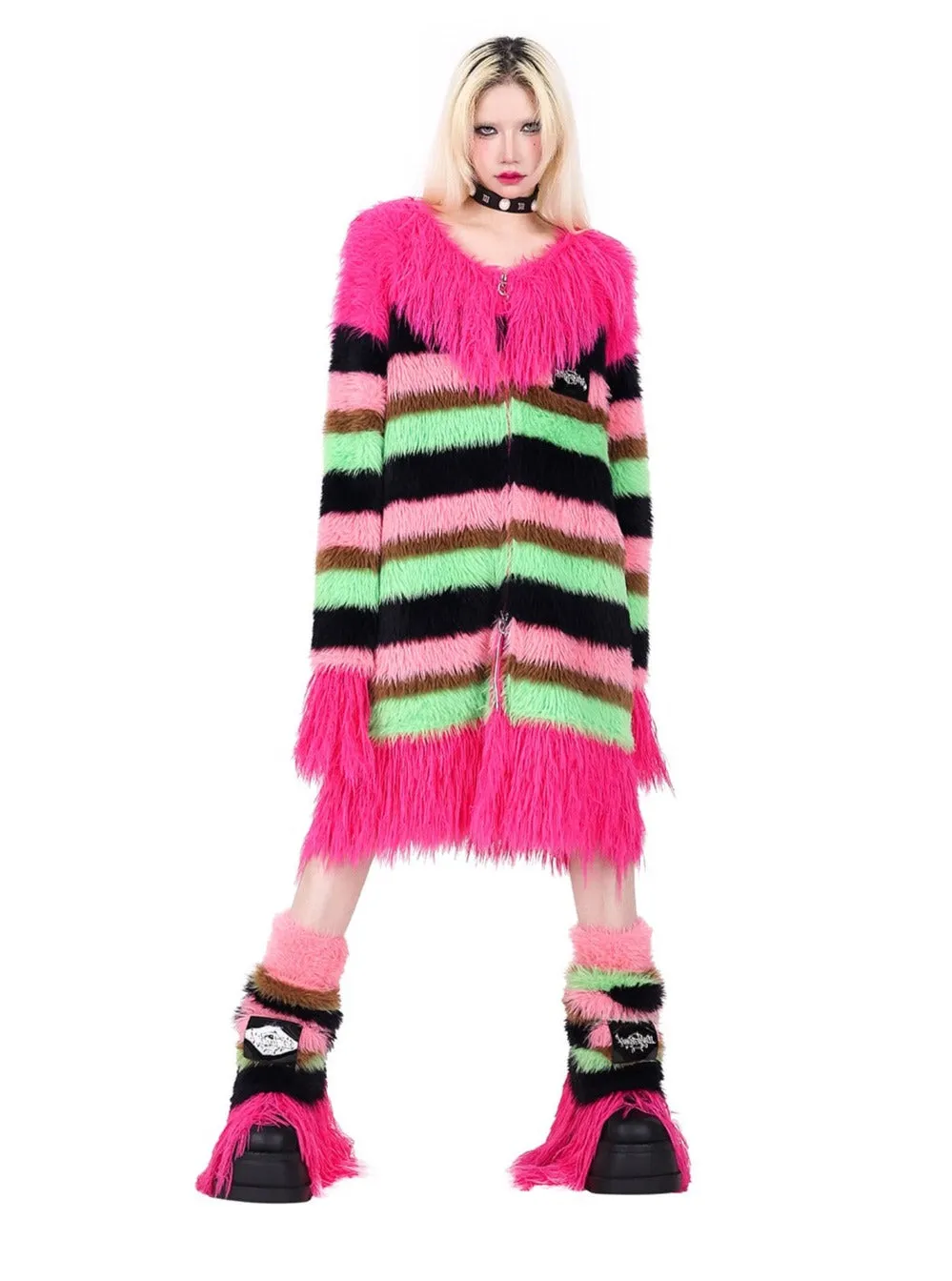 PINKSPINK Candy Stripe Fuzzy Leg Warmers - Pink/Green/Black