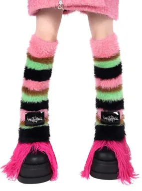 PINKSPINK Candy Stripe Fuzzy Leg Warmers - Pink/Green/Black