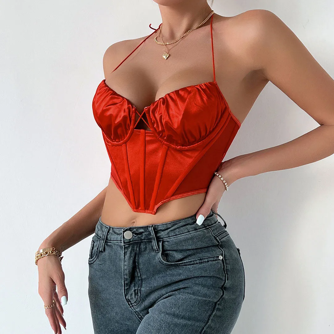 Polished Ruched Sweetheart Sheer Mesh Satin Crop Corset Top - Orange Red