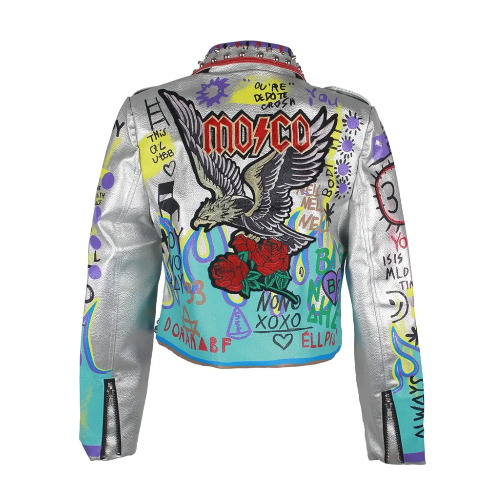 Punk Rock Silver Moscow Eagle Studded Leather Jacket