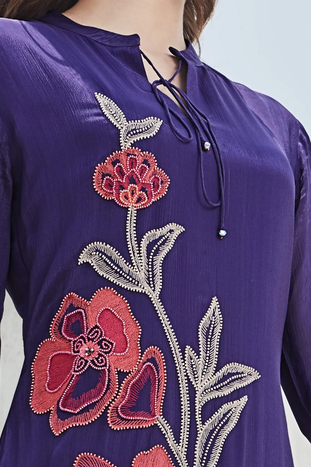 Purple Beads, Thread and Sequins work Anarkali Styled Long Kurti