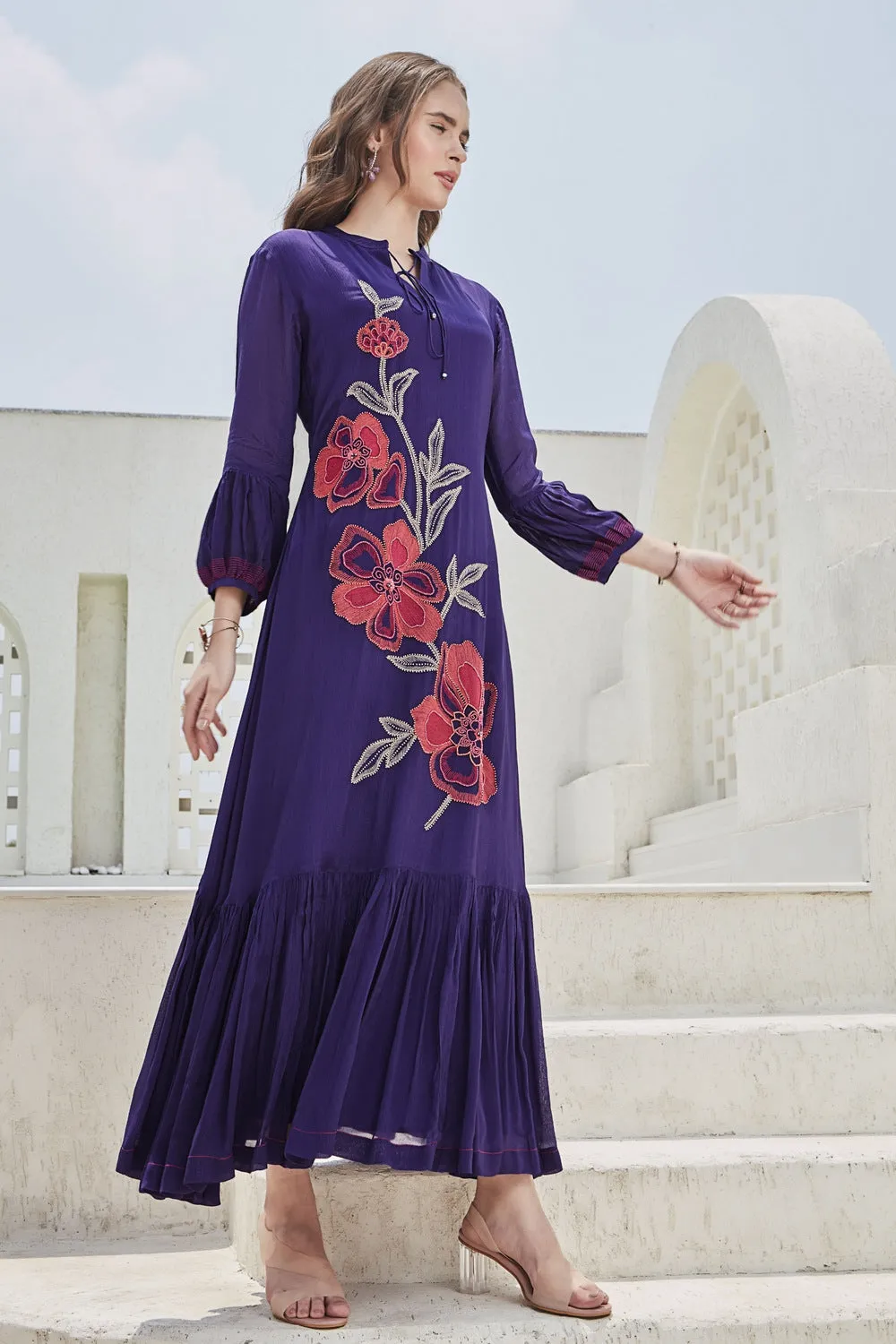 Purple Beads, Thread and Sequins work Anarkali Styled Long Kurti