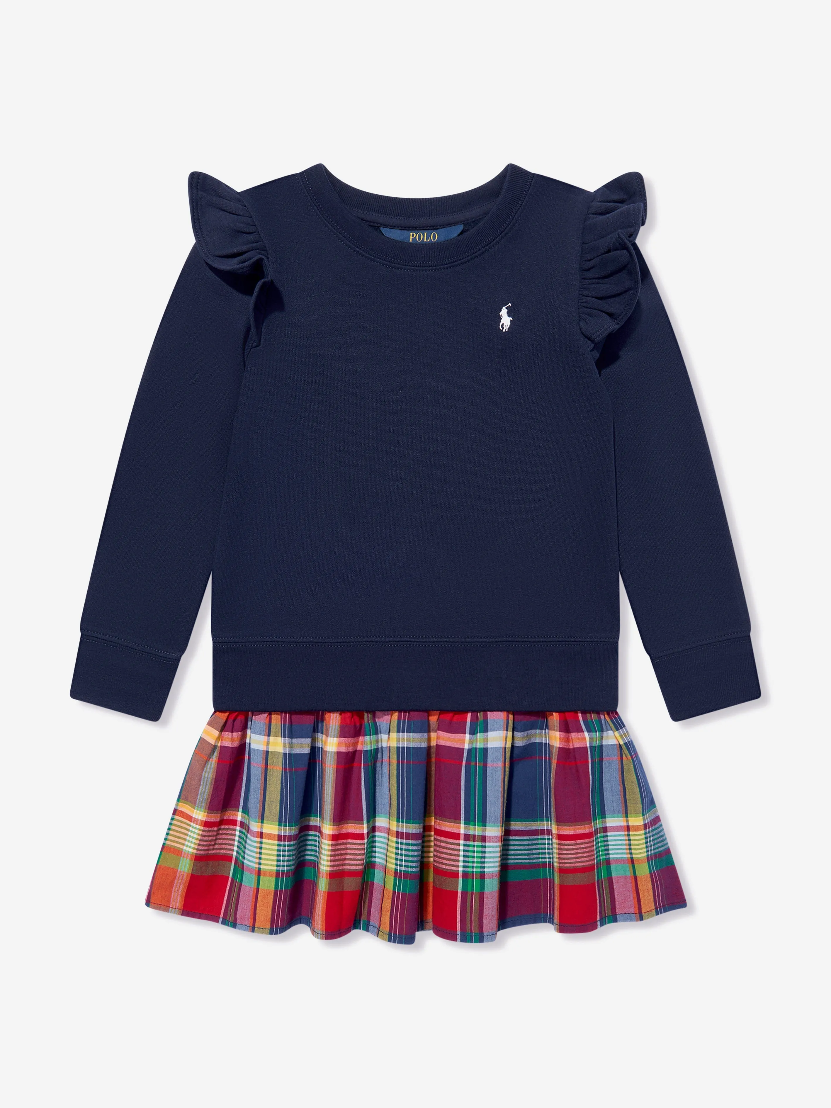 Ralph Lauren Girls Ruffle Sweater Dress in Navy