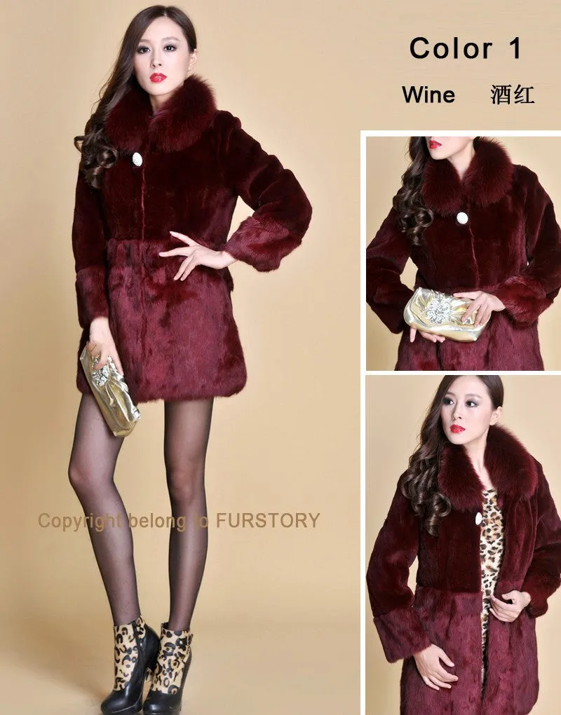 Real REX Rabbit Fur Coat Fox Fur Collar Long Winters' Coat Jacket Women' Overcoat 3 Colors Top Quality Fur FS13064