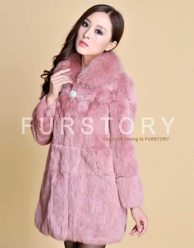 Real REX Rabbit Fur Coat Fox Fur Collar Long Winters' Coat Jacket Women' Overcoat 3 Colors Top Quality Fur FS13064