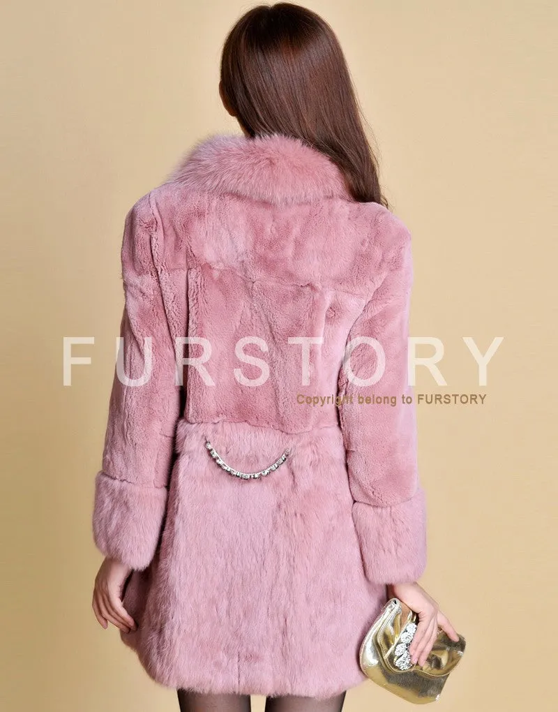 Real REX Rabbit Fur Coat Fox Fur Collar Long Winters' Coat Jacket Women' Overcoat 3 Colors Top Quality Fur FS13064