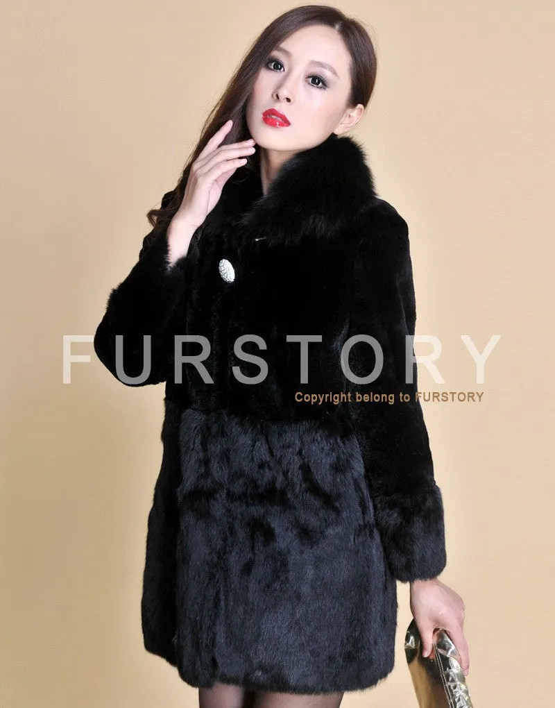 Real REX Rabbit Fur Coat Fox Fur Collar Long Winters' Coat Jacket Women' Overcoat 3 Colors Top Quality Fur FS13064