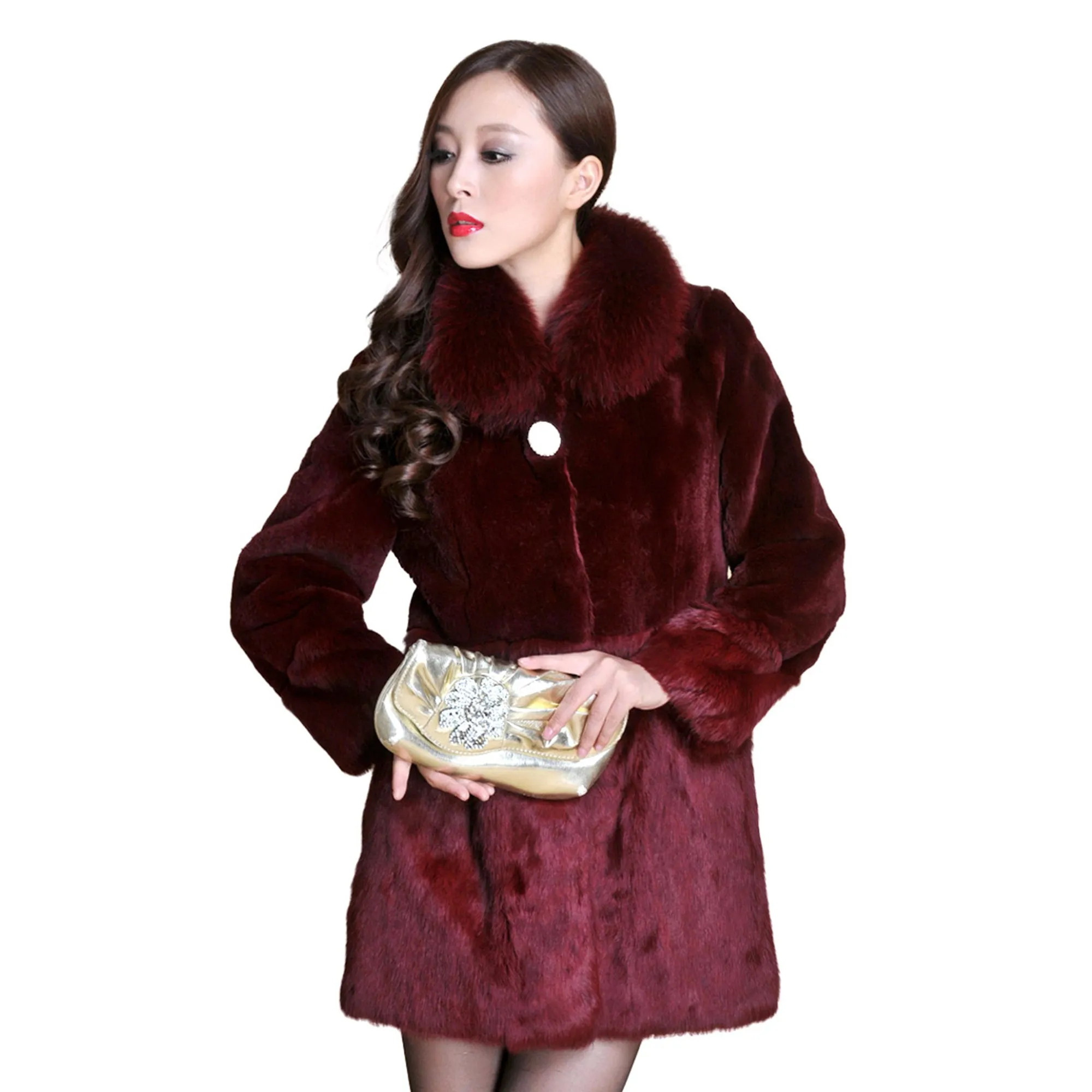 Real REX Rabbit Fur Coat Fox Fur Collar Long Winters' Coat Jacket Women' Overcoat 3 Colors Top Quality Fur FS13064