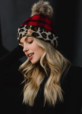 Red Buffalo Plaid Pom Hat w/ Leopard Trim