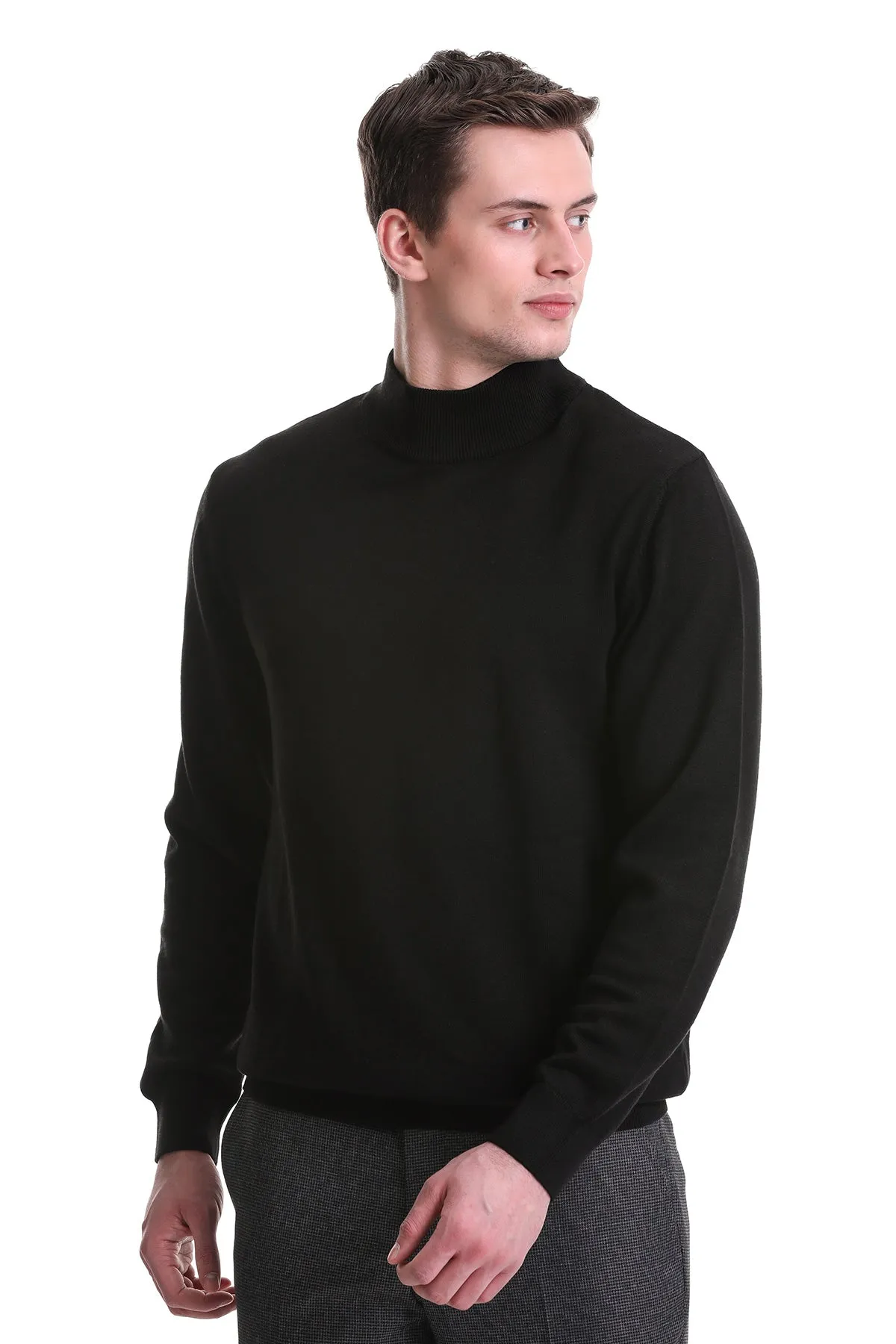 Regular Fit Cotton Blend Black Mock Neck Sweater