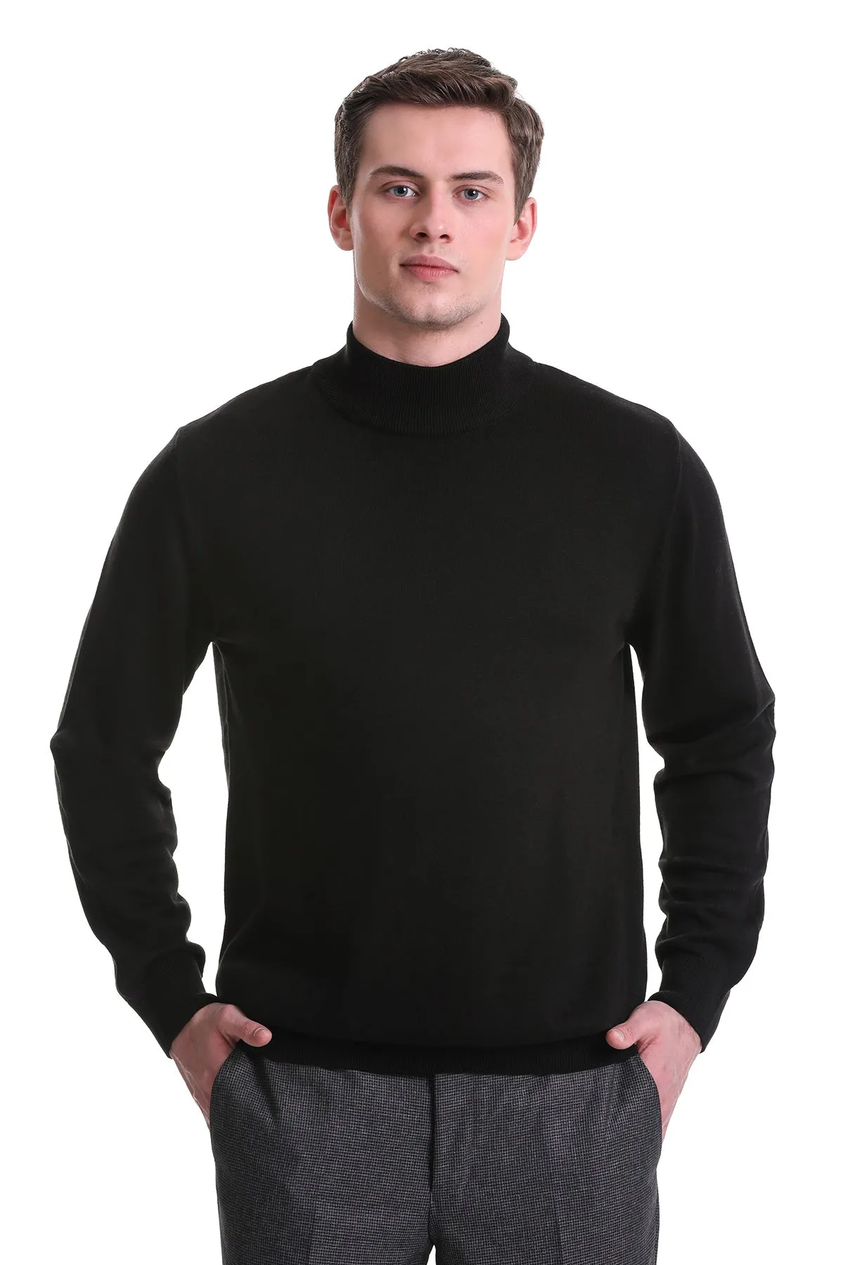 Regular Fit Cotton Blend Black Mock Neck Sweater