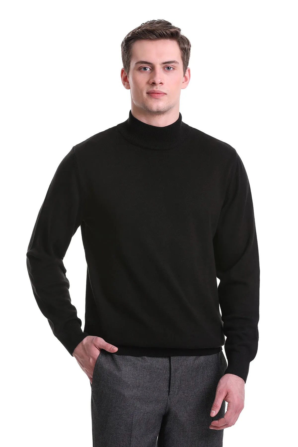 Regular Fit Cotton Blend Black Mock Neck Sweater