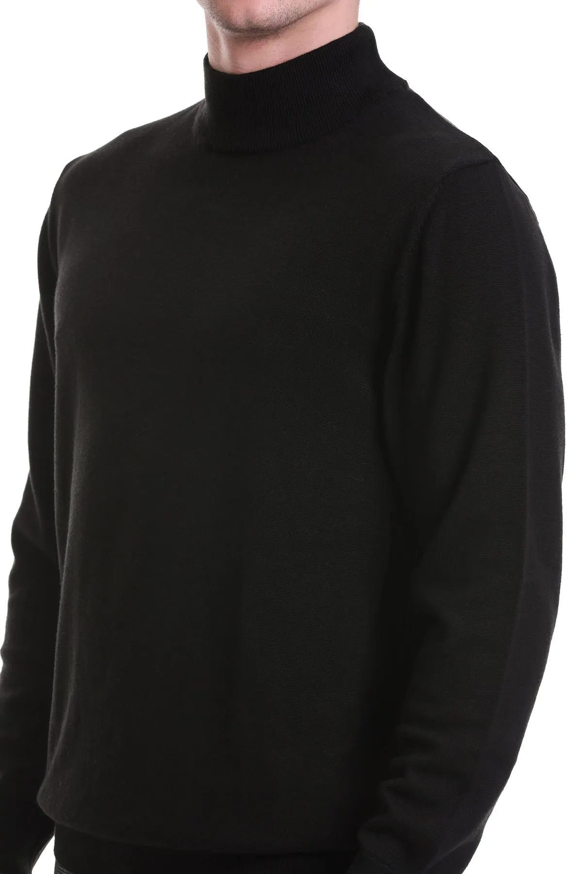 Regular Fit Cotton Blend Black Mock Neck Sweater