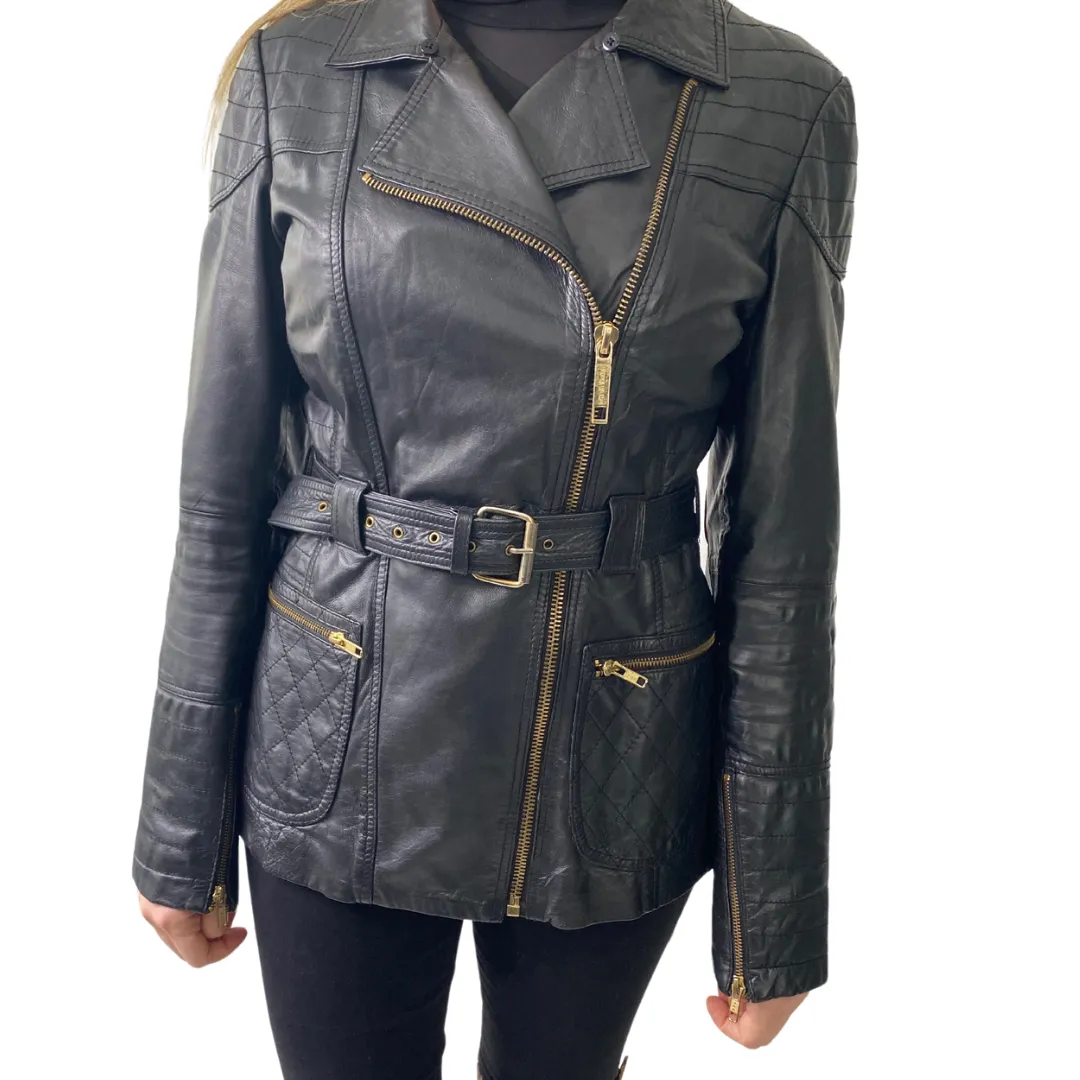 River Island Leather Midi Biker Jacket Black SIZE 12