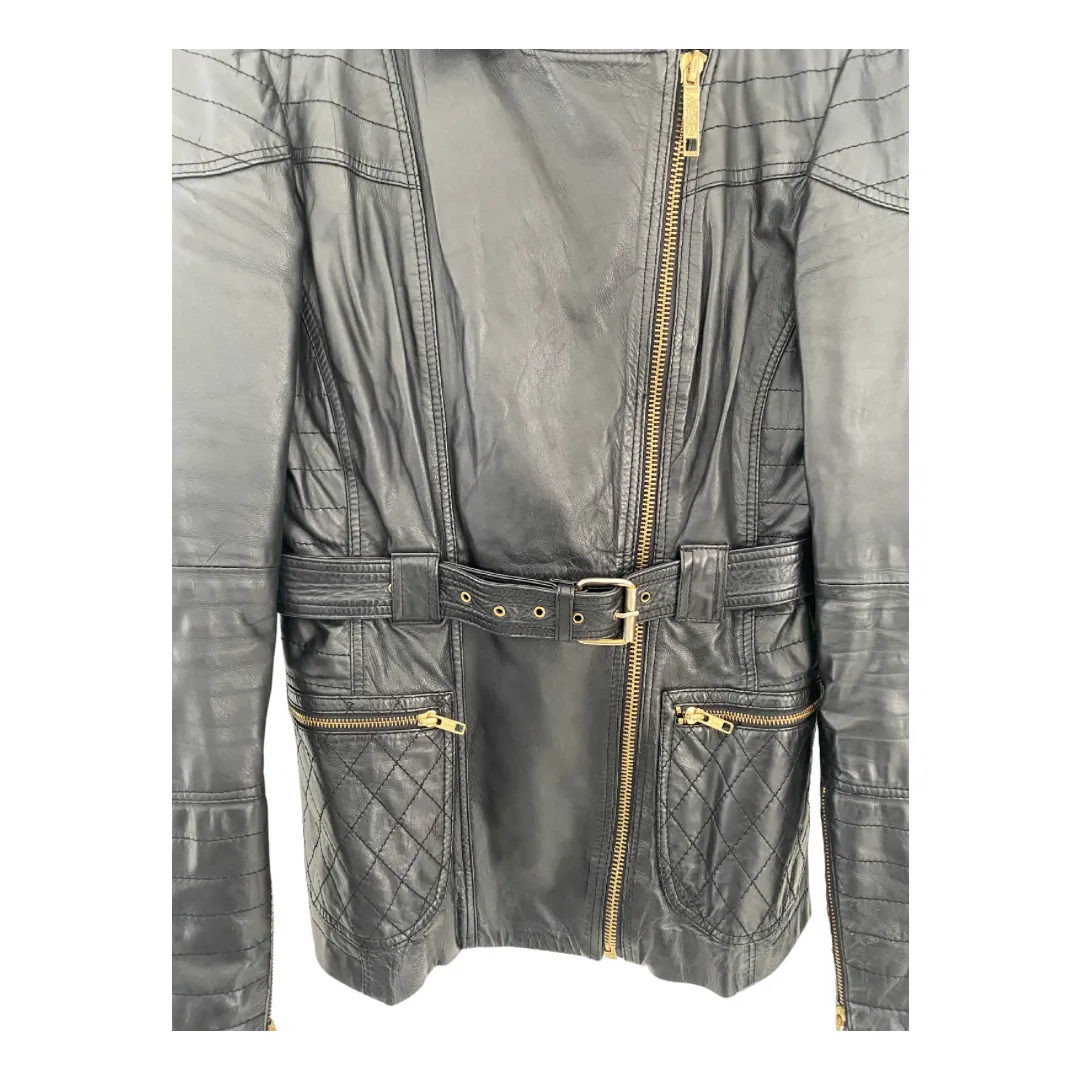 River Island Leather Midi Biker Jacket Black SIZE 12