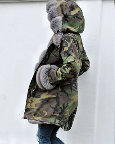 Roiii Winter Women Warm Fleece Hood Parka Overcoat Coat Long Fishtail Jacket Top (Medium, Army Green With Grey Fur)