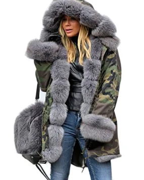 Roiii Winter Women Warm Fleece Hood Parka Overcoat Coat Long Fishtail Jacket Top (Medium, Army Green With Grey Fur)