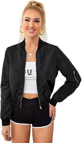 Romwe Women's Classic Solid Biker Jacket Zip up Crop Bomber Jacket Coat